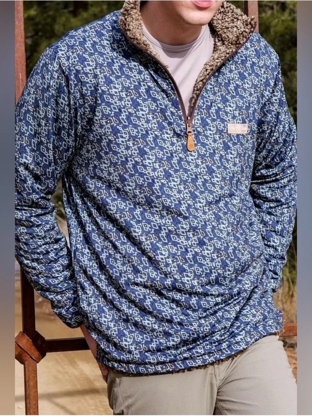 USA Palm Reversible Navy Geometric Print & Sherpa Pullover Men’s Size Med/Large